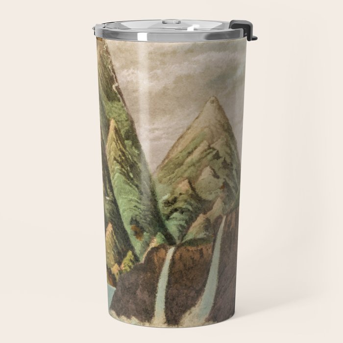 Departing in Dreams - Mountain and Waterfalls - Nature Landscape in Green, Brown, Blue Travel Mug Gallery Image 2