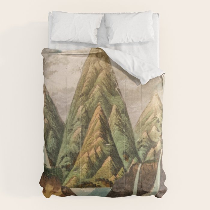 Departing in Dreams - Mountain and Waterfalls - Nature Landscape in Green, Brown, Blue Comforter Gallery Image 1