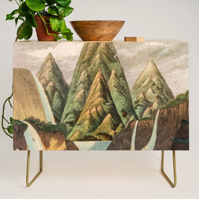 Departing in Dreams - Mountain and Waterfalls - Nature Landscape in Green, Brown, Blue Credenza Gallery Image 1