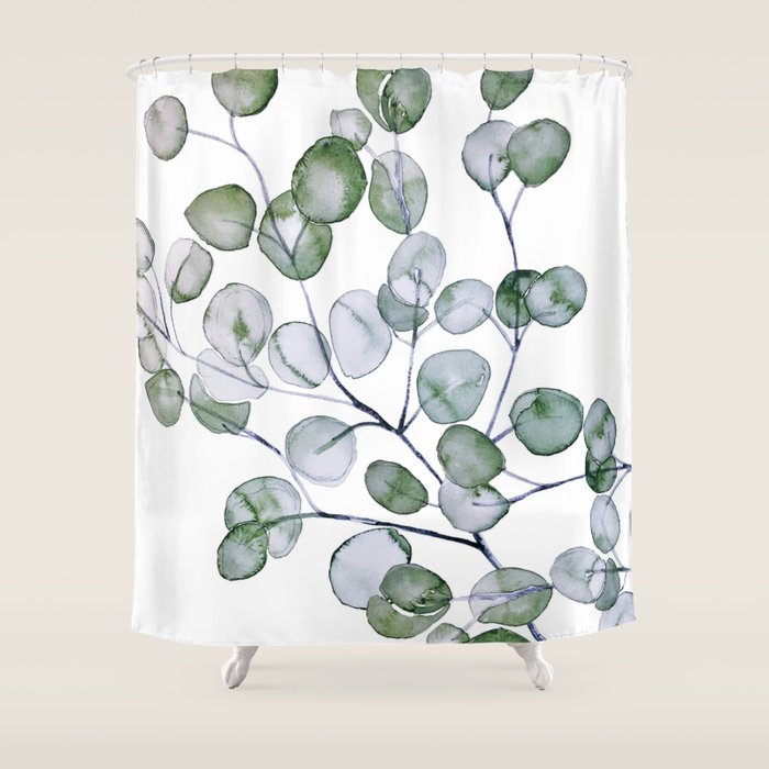 Eucalyptus Green Watercolor Shower Curtain Gallery Image 1