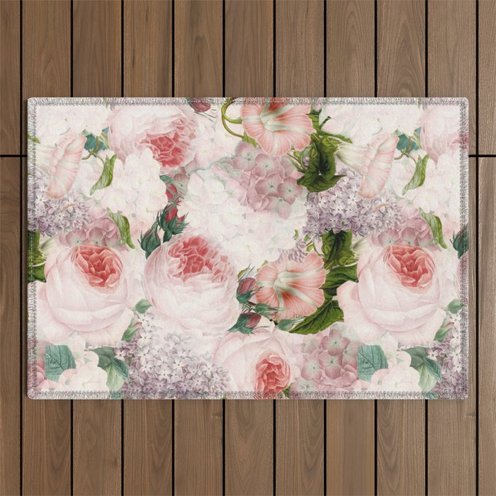Vintage & Shabby Chic - Pastel Pink Botanical Summer Roses Garden Outdoor Rug Gallery Image 1