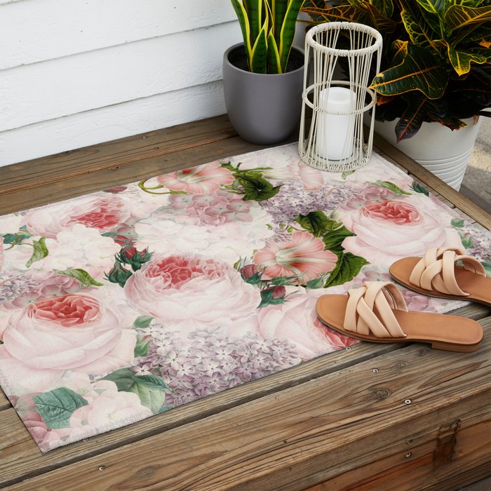Vintage & Shabby Chic - Pastel Pink Botanical Summer Roses Garden Outdoor Rug Gallery Image 2