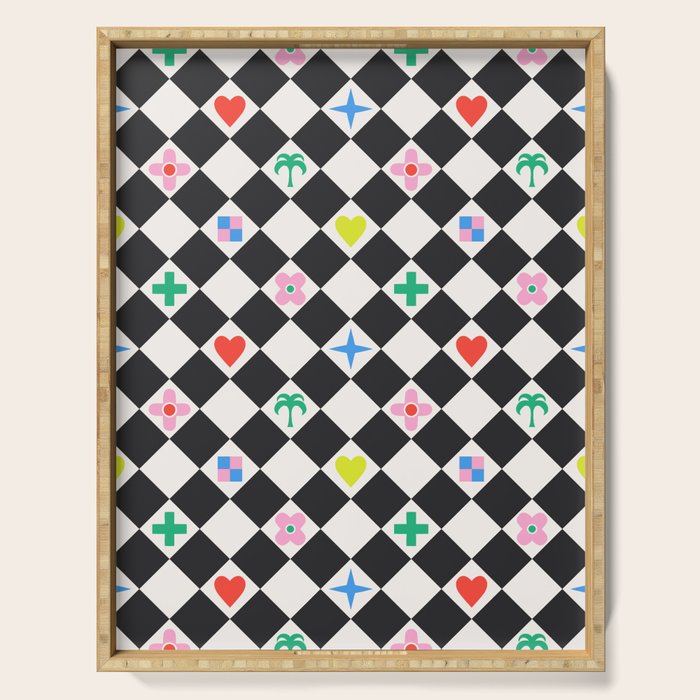 Tropical Vacation Symbols Black and White Harlequin Diamond Grid Serving Tray Gallery Image 1
