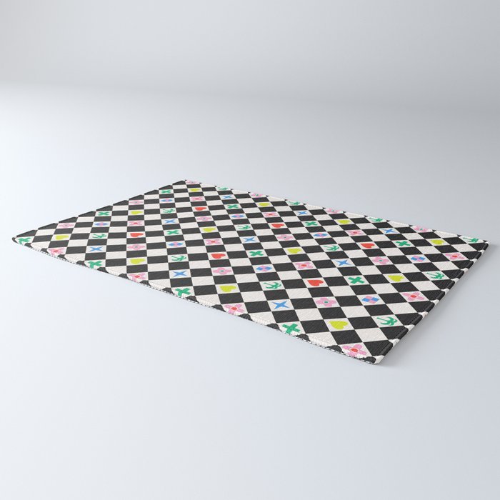 Tropical Vacation Symbols Black and White Harlequin Diamond Grid Rug Gallery Image 3
