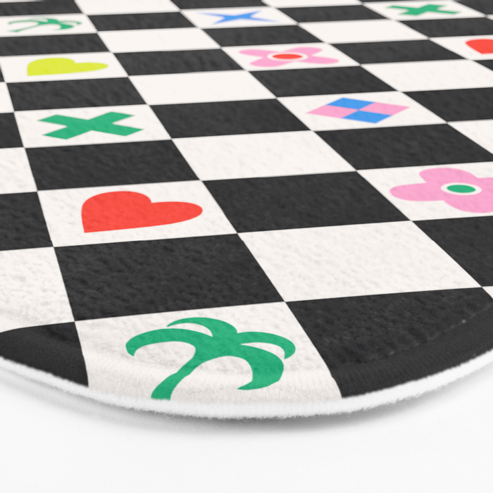 Tropical Vacation Symbols Black and White Harlequin Diamond Grid Bath Mat Gallery Image 3