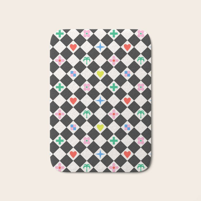 Tropical Vacation Symbols Black and White Harlequin Diamond Grid Bath Mat Gallery Image 1