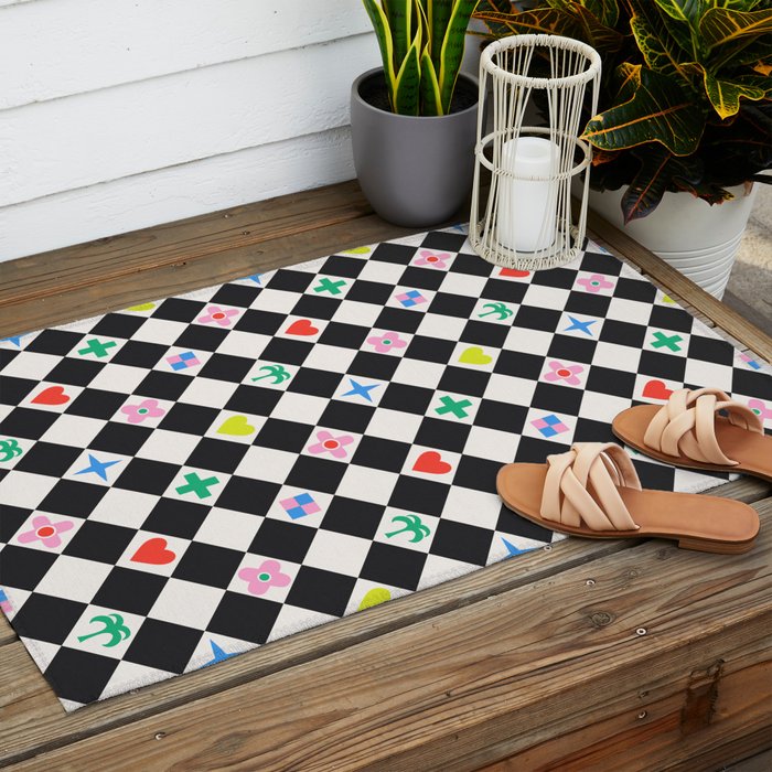 Tropical Vacation Symbols Black and White Harlequin Diamond Grid Outdoor Rug Gallery Image 2