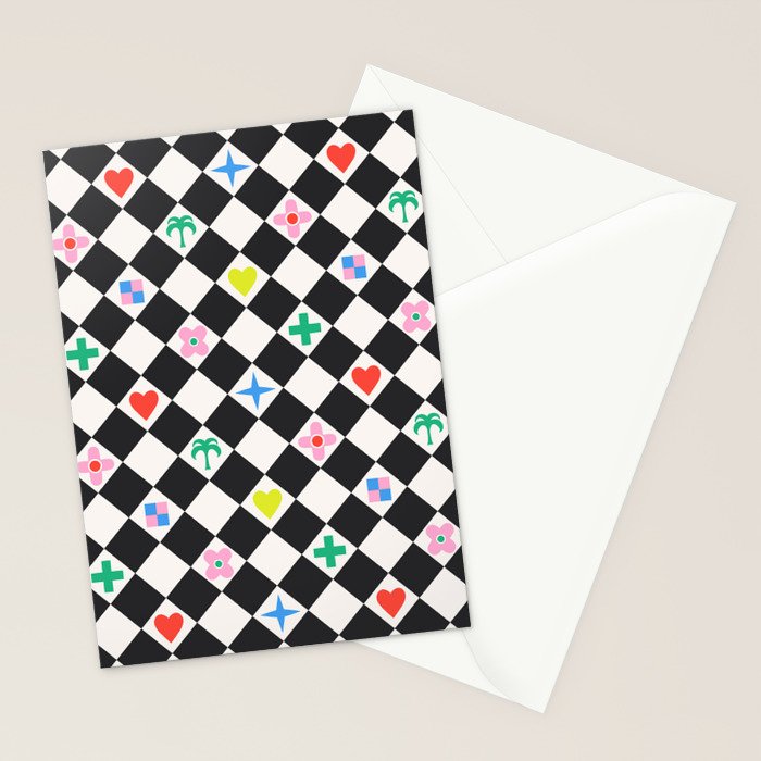 Tropical Vacation Symbols Black and White Harlequin Diamond Grid Stationery Card Gallery Image 2