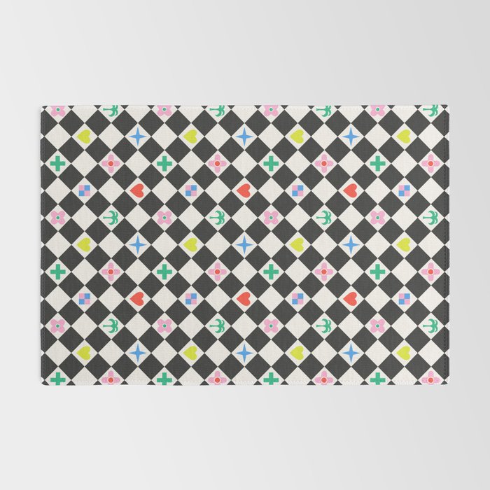 Tropical Vacation Symbols Black and White Harlequin Diamond Grid Rug Gallery Image 2