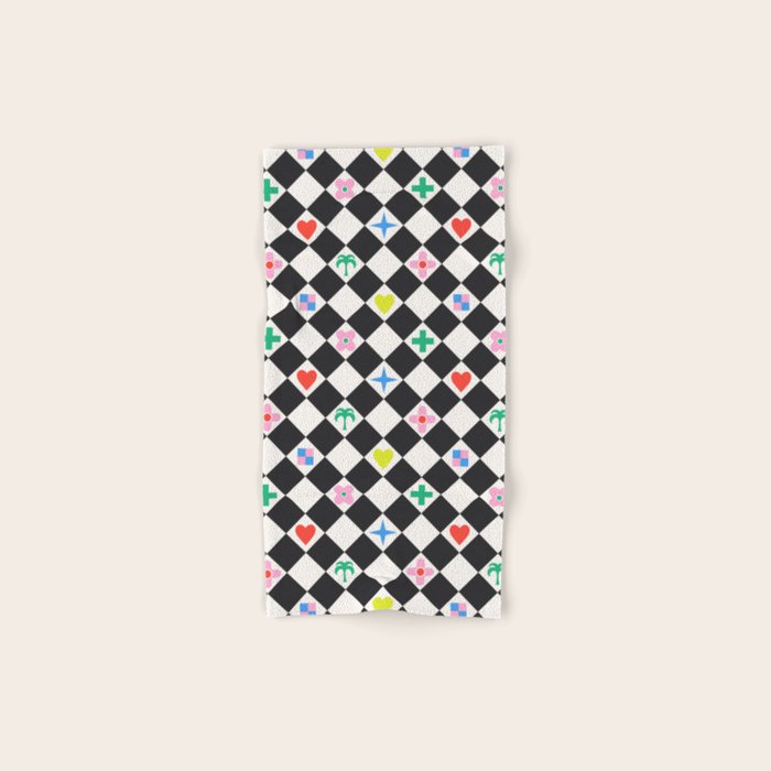 Tropical Vacation Symbols Black and White Harlequin Diamond Grid Bath Towel Gallery Image 1