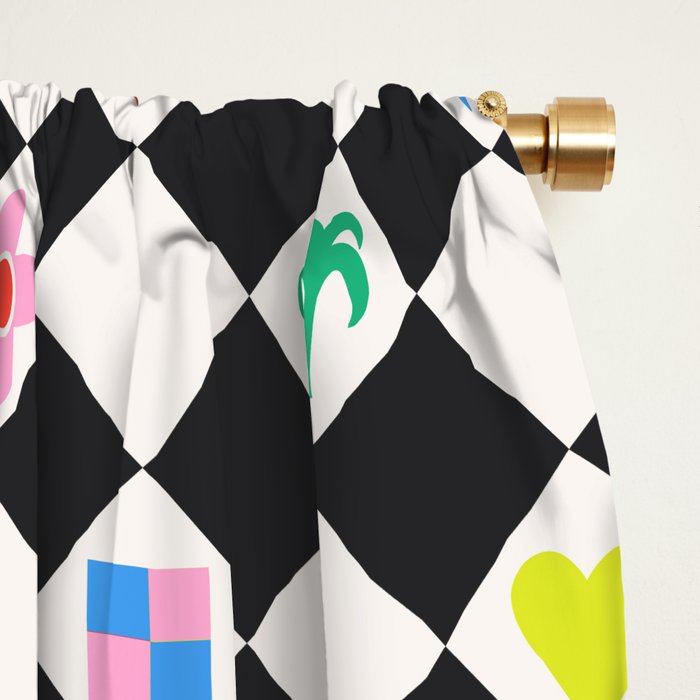 Tropical Vacation Symbols Black and White Harlequin Diamond Grid Window Curtain Gallery Image 2