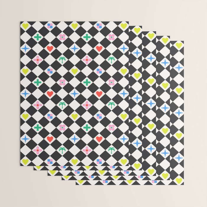 Tropical Vacation Symbols Black and White Harlequin Diamond Grid Wrapping Paper Gallery Image 3