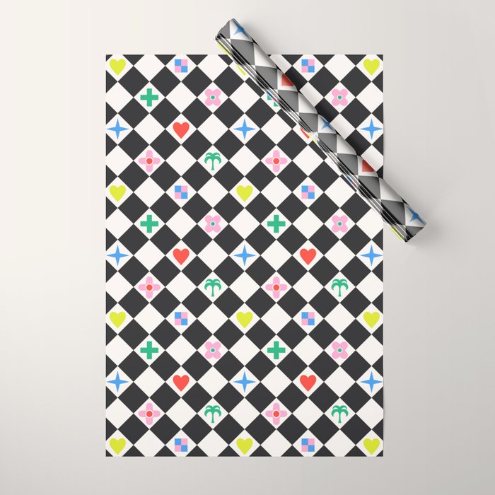 Tropical Vacation Symbols Black and White Harlequin Diamond Grid Wrapping Paper Gallery Image 1