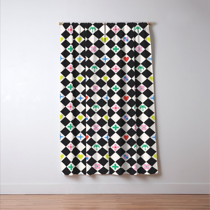 Tropical Vacation Symbols Black and White Harlequin Diamond Grid Window Curtain Gallery Image 3