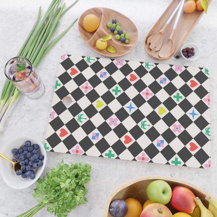 Tropical Vacation Symbols Black and White Harlequin Diamond Grid Cutting Board Gallery Image 2