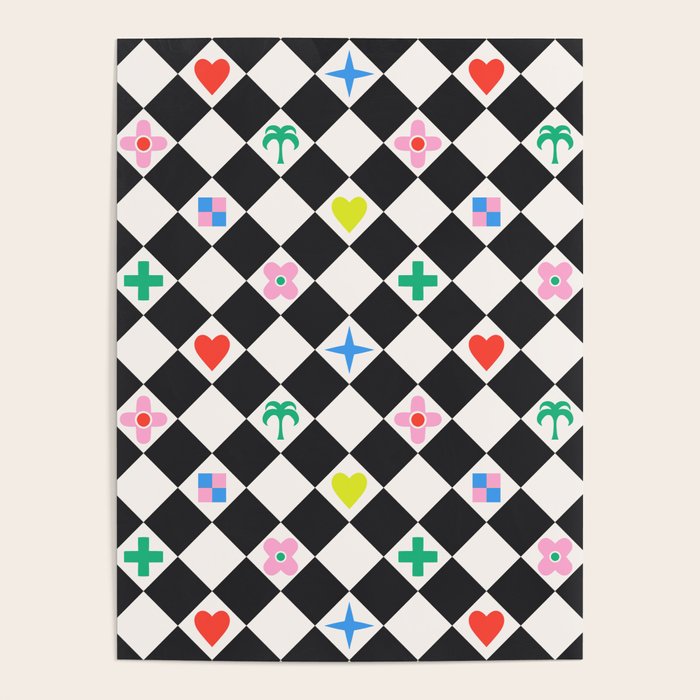Tropical Vacation Symbols Black and White Harlequin Diamond Grid Poster Gallery Image 4