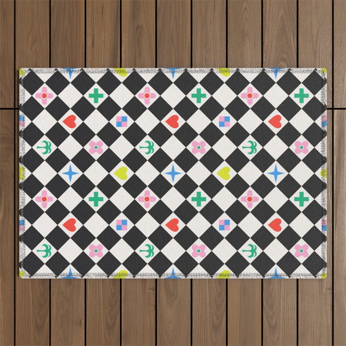 Tropical Vacation Symbols Black and White Harlequin Diamond Grid Outdoor Rug Gallery Image 1
