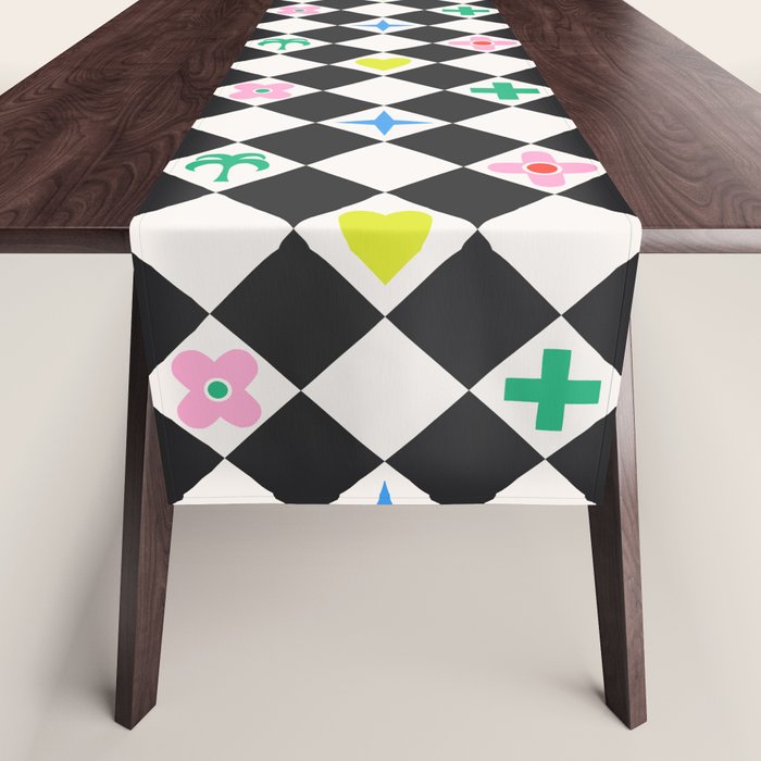 Tropical Vacation Symbols Black and White Harlequin Diamond Grid Table Runner Gallery Image 1