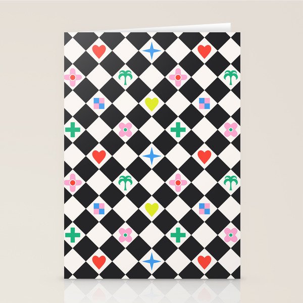 Tropical Vacation Symbols Black and White Harlequin Diamond Grid Stationery Card Gallery Image 2