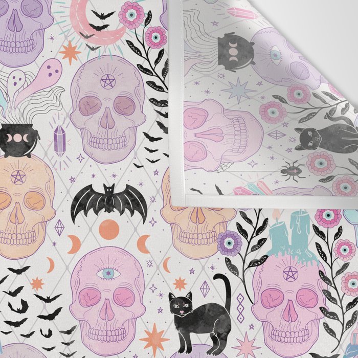 Pastel candy-colored skulls with cats, bats, and witchy things - halloween, bone Wall Tapestry Gallery Image 3