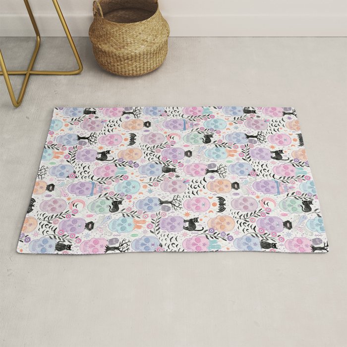 Pastel candy-colored skulls with cats, bats, and witchy things - halloween, bone Rug Gallery Image 1