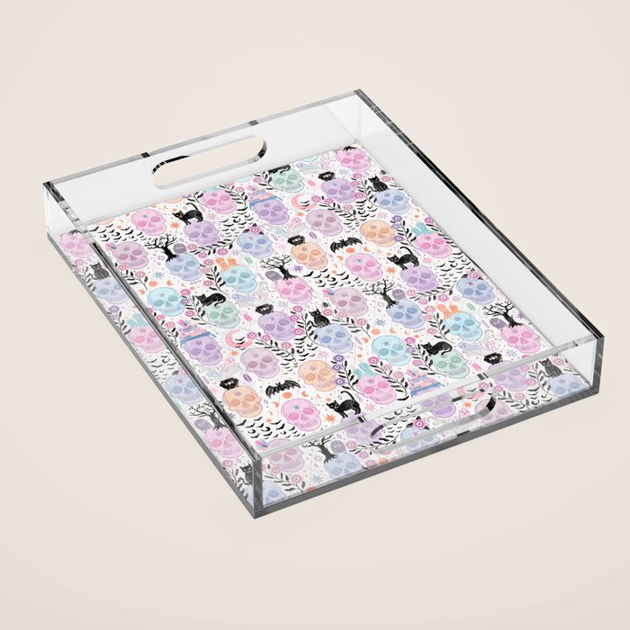 Pastel candy-colored skulls with cats, bats, and witchy things - halloween, bone Acrylic Tray Gallery Image 1
