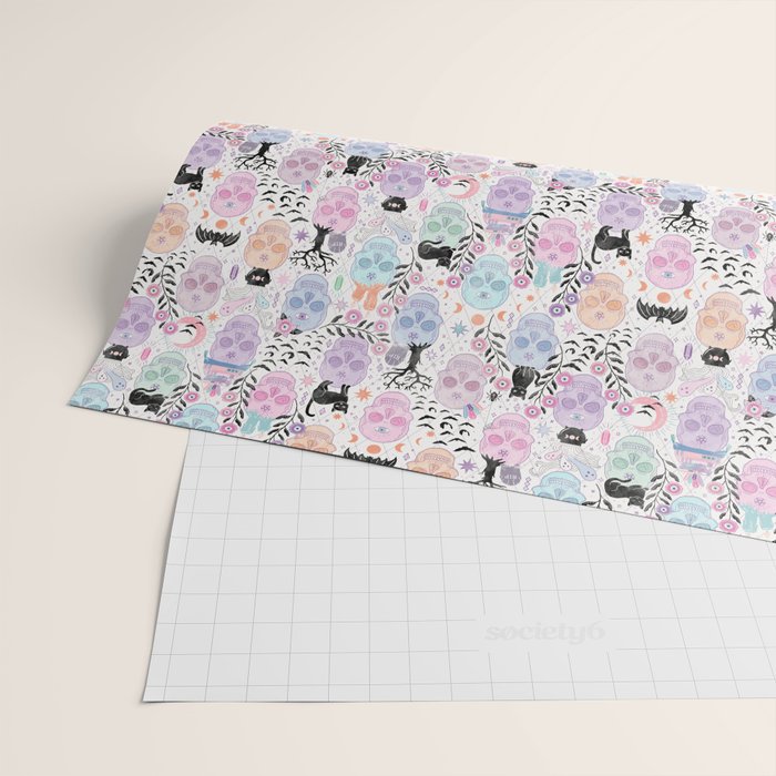 Pastel candy-colored skulls with cats, bats, and witchy things - halloween, bone Wrapping Paper Gallery Image 2