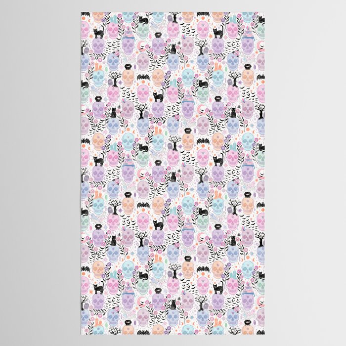 Pastel candy-colored skulls with cats, bats, and witchy things - halloween, bone Tablecloth Gallery Image 2