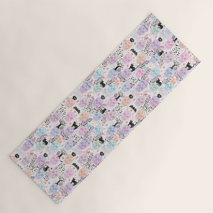 Pastel candy-colored skulls with cats, bats, and witchy things - halloween, bone Yoga Mat Gallery Image 1