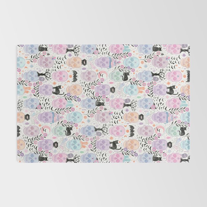 Pastel candy-colored skulls with cats, bats, and witchy things - halloween, bone Rug Gallery Image 2