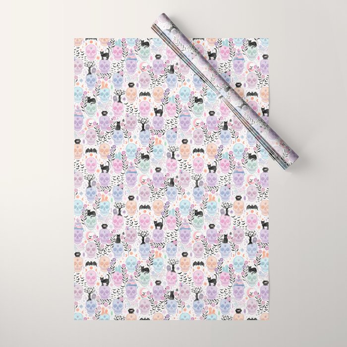 Pastel candy-colored skulls with cats, bats, and witchy things - halloween, bone Wrapping Paper Gallery Image 1