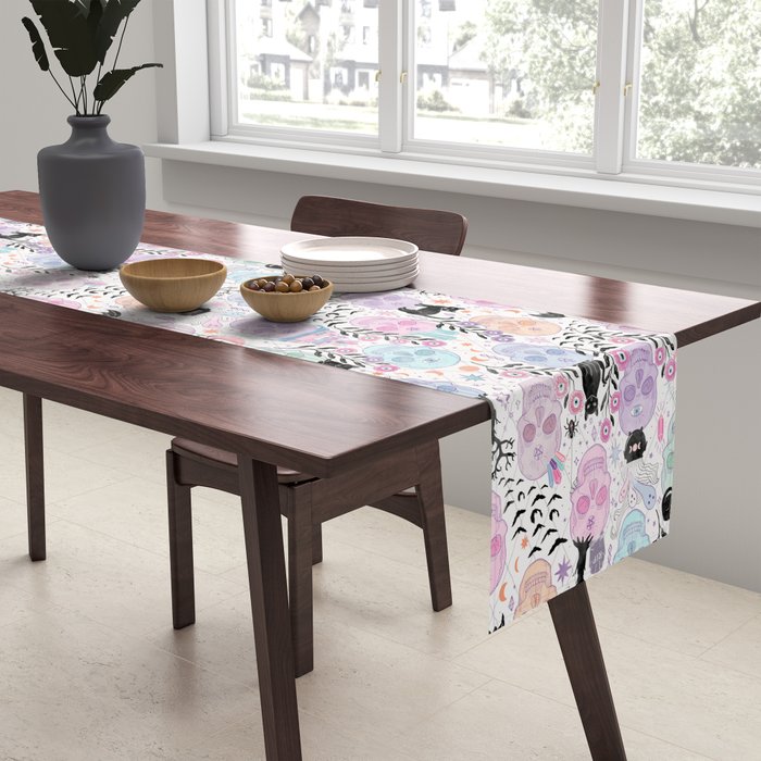 Pastel candy-colored skulls with cats, bats, and witchy things - halloween, bone Table Runner Gallery Image 2