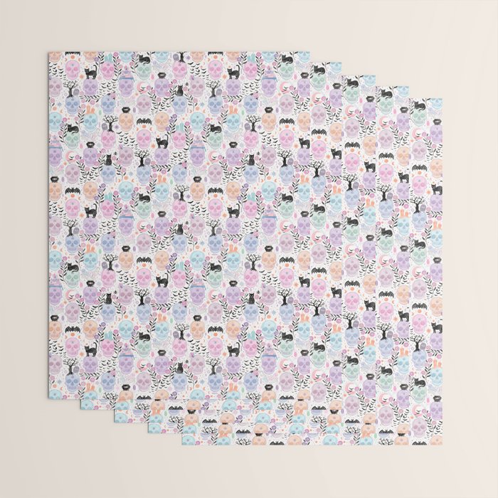 Pastel candy-colored skulls with cats, bats, and witchy things - halloween, bone Wrapping Paper Gallery Image 3