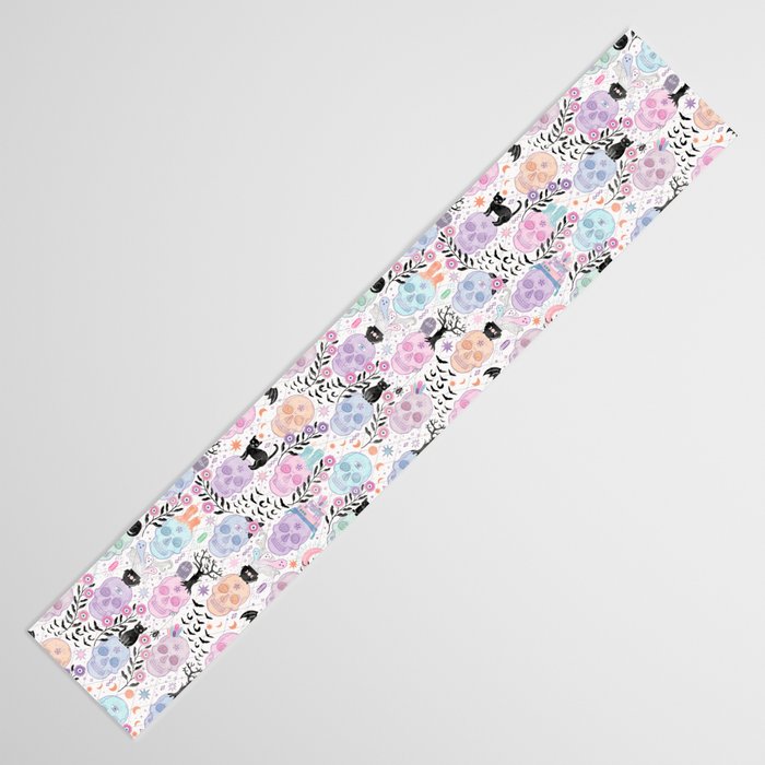 Pastel candy-colored skulls with cats, bats, and witchy things - halloween, bone Table Runner Gallery Image 3