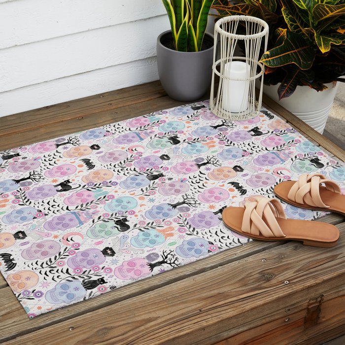 Pastel candy-colored skulls with cats, bats, and witchy things - halloween, bone Outdoor Rug Gallery Image 2