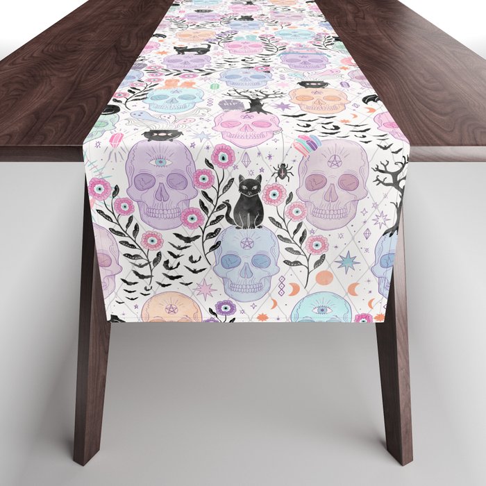 Pastel candy-colored skulls with cats, bats, and witchy things - halloween, bone Table Runner Gallery Image 1