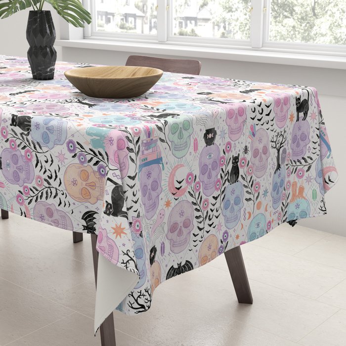Pastel candy-colored skulls with cats, bats, and witchy things - halloween, bone Tablecloth Gallery Image 3