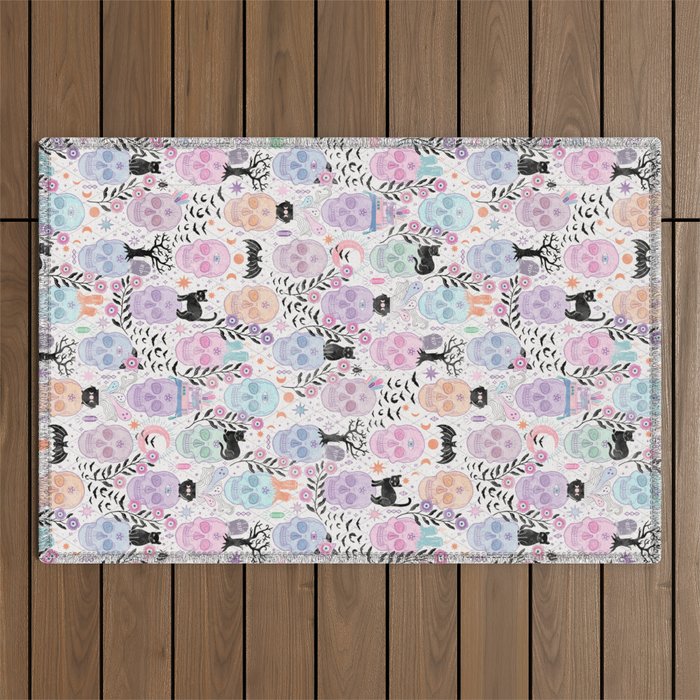 Pastel candy-colored skulls with cats, bats, and witchy things - halloween, bone Outdoor Rug Gallery Image 1