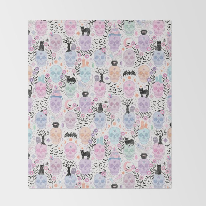 Pastel candy-colored skulls with cats, bats, and witchy things - halloween, bone Throw Blanket Gallery Image 2