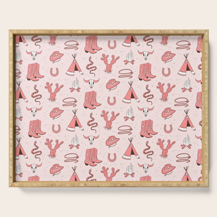 Cute Cowgirl Pattern, Cowboy Print in Blush Pink Serving Tray Gallery Image 1