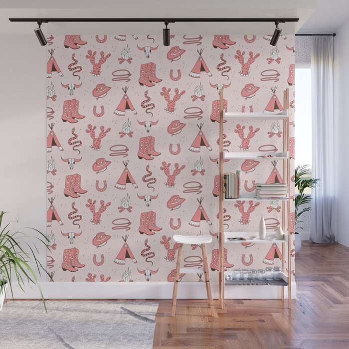 Cute Cowgirl Pattern, Cowboy Print in Blush Pink Wall Mural Gallery Image 1