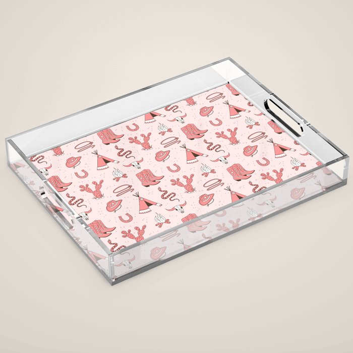 Cute Cowgirl Pattern, Cowboy Print in Blush Pink Acrylic Tray Gallery Image 1
