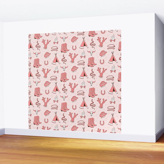 Cute Cowgirl Pattern, Cowboy Print in Blush Pink Wall Mural Gallery Image 2