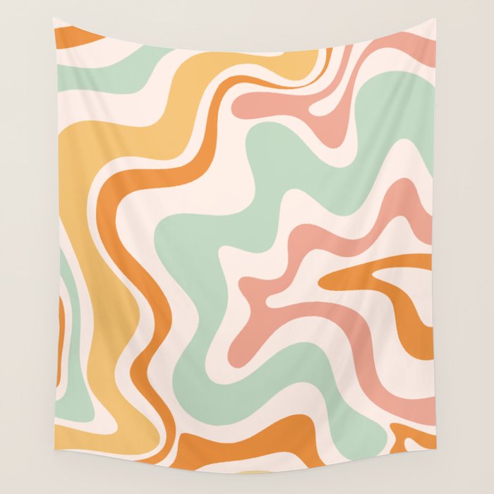 Retro Liquid Swirl Abstract Pattern in Celadon Orange Wall Tapestry Gallery Image 4