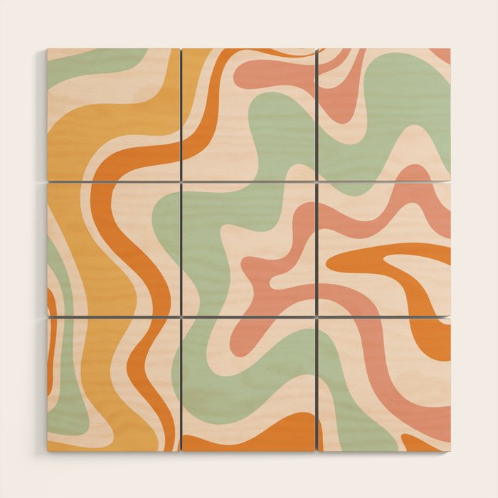 Retro Liquid Swirl Abstract Pattern in Celadon Orange Wood Wall Art Gallery Image 1