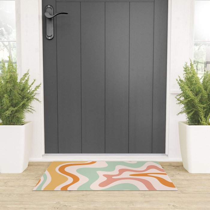 Retro Liquid Swirl Abstract Pattern in Celadon Orange Welcome Mat Gallery Image 3