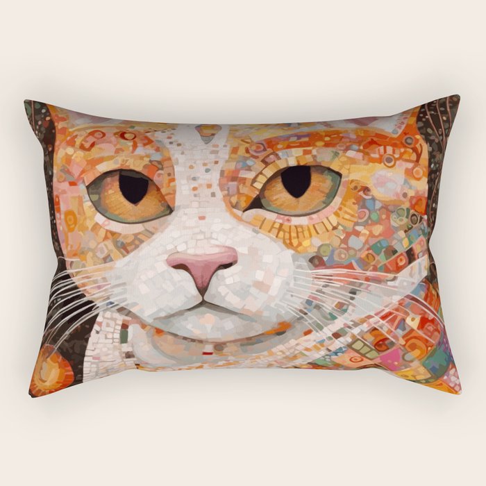 Gustav Klimt Style Tabby Cat with Colorful Geometric Robe Rectangular Pillow Gallery Image 2
