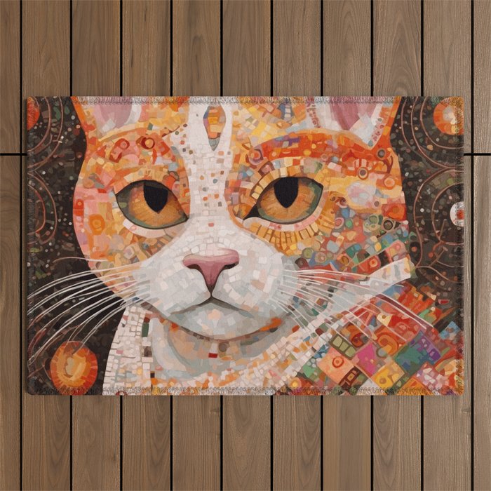 Gustav Klimt Style Tabby Cat with Colorful Geometric Robe Outdoor Rug Gallery Image 1