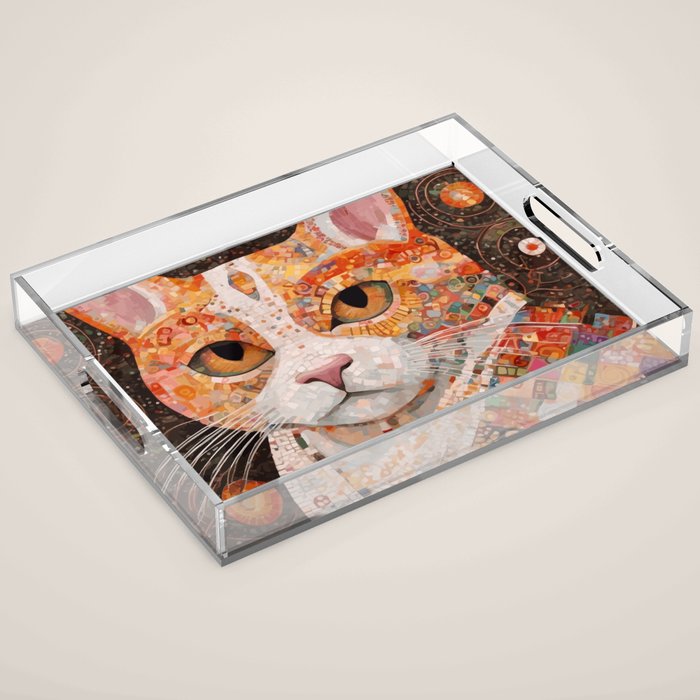 Gustav Klimt Style Tabby Cat with Colorful Geometric Robe Acrylic Tray Gallery Image 1