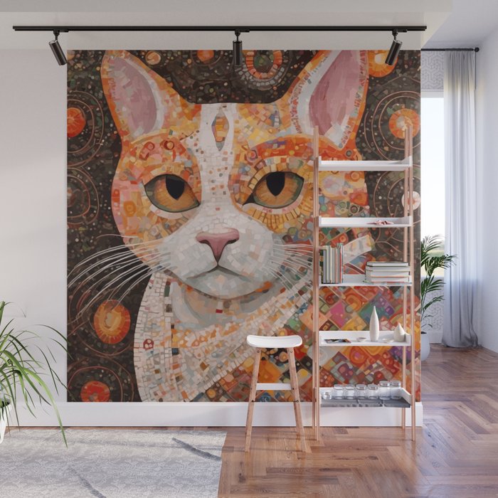 Gustav Klimt Style Tabby Cat with Colorful Geometric Robe Wall Mural Gallery Image 1